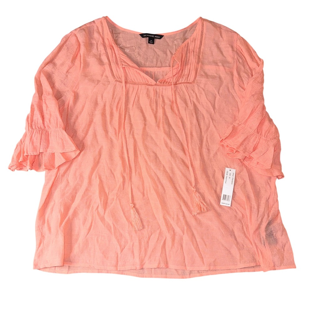 Zac & Rachel Blouse 2X Peach Pearl Boho Pintuck Ruffle Sleeve new with tags‎